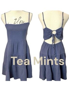 Tea Mints Blue Spaghetti Strap Tie Back Sun Dress (M)